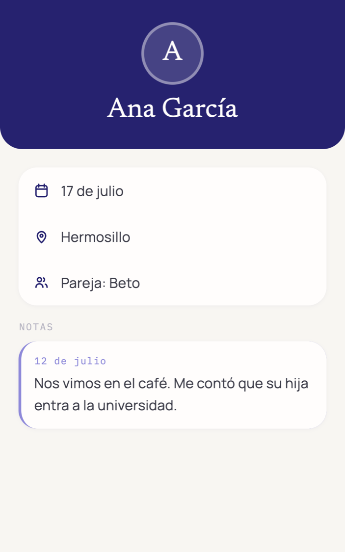 Ficha de una persona con sus datos y notas